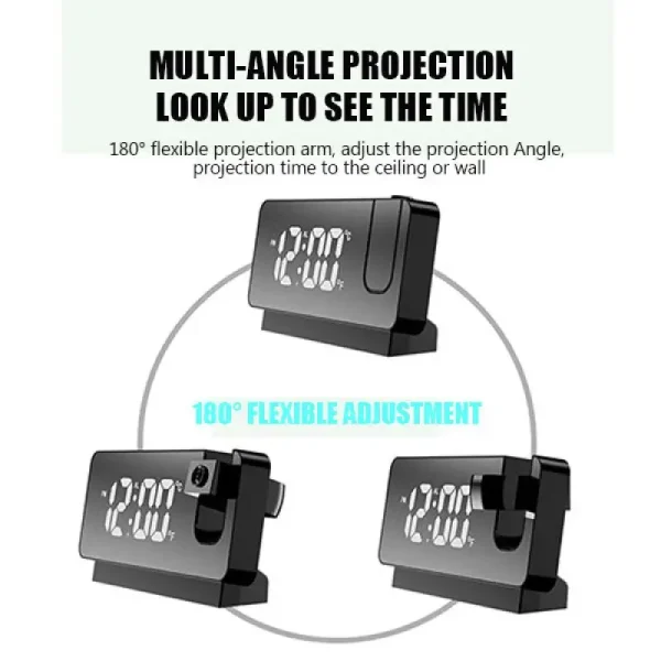 180° Arm Projection Digital Alarm Clock Temperature Humidity Night Mode Snooze Table Clock 12/24H USB Projector LED Clock