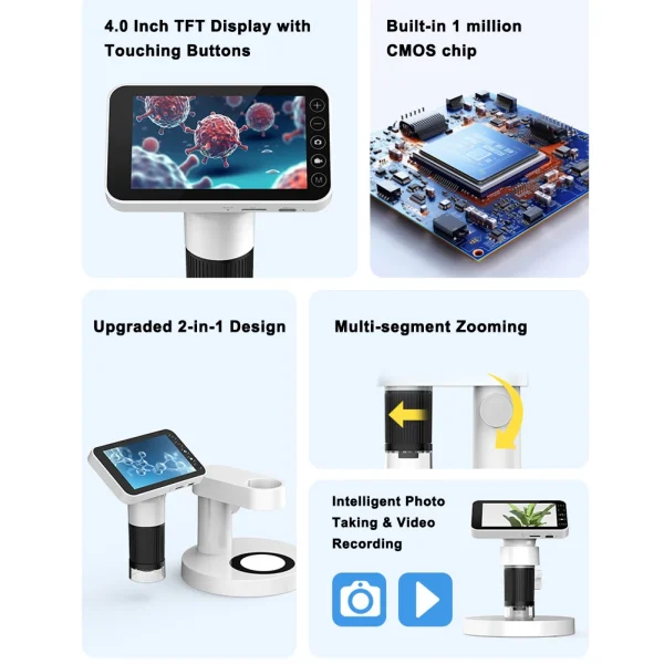 Digital Microscope Professional 1000X Magnification Optical Microscope 4.0-inch Color Screen Versatile Science Experiment Kit